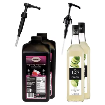 2 - SloJo Raspberry Dragon Fruit Concentrate, 2 - 1883 Lime Syrup, 1 - Lotus Power Up, & Pumps